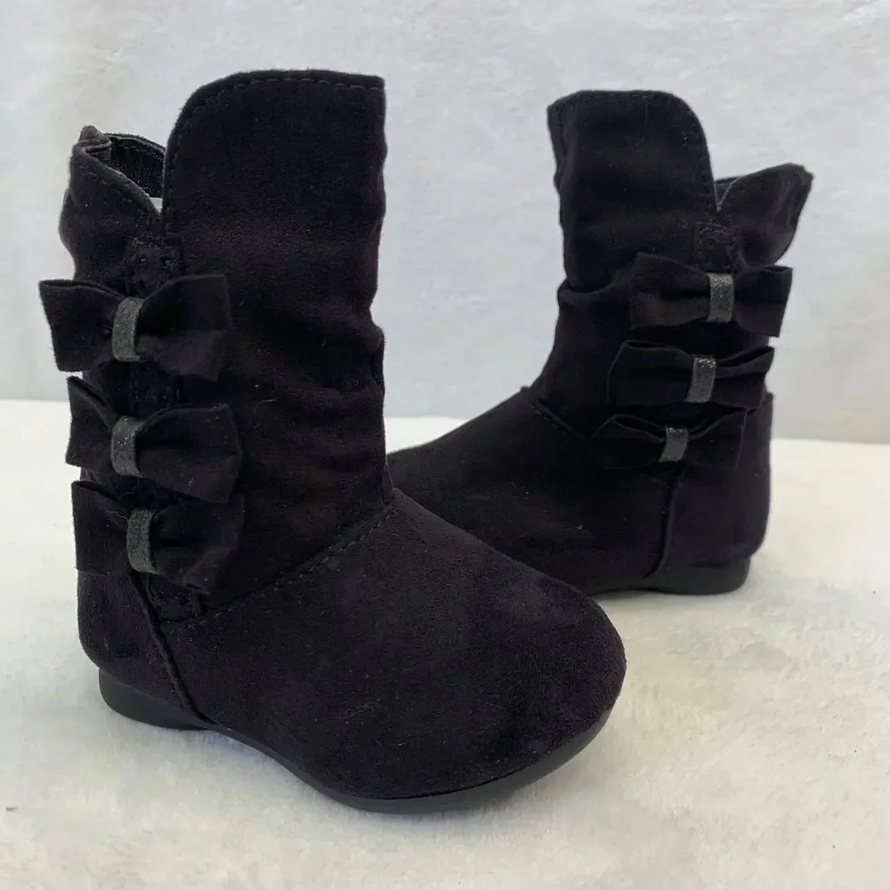 Garanimals Toddler Boots Sz 3 Black Faux Seude Fashion Boots Glitter Bow Slip-On